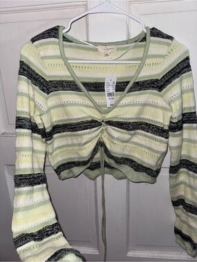 La Hearts Green and Cream Striped Cinch-Front Crop Top